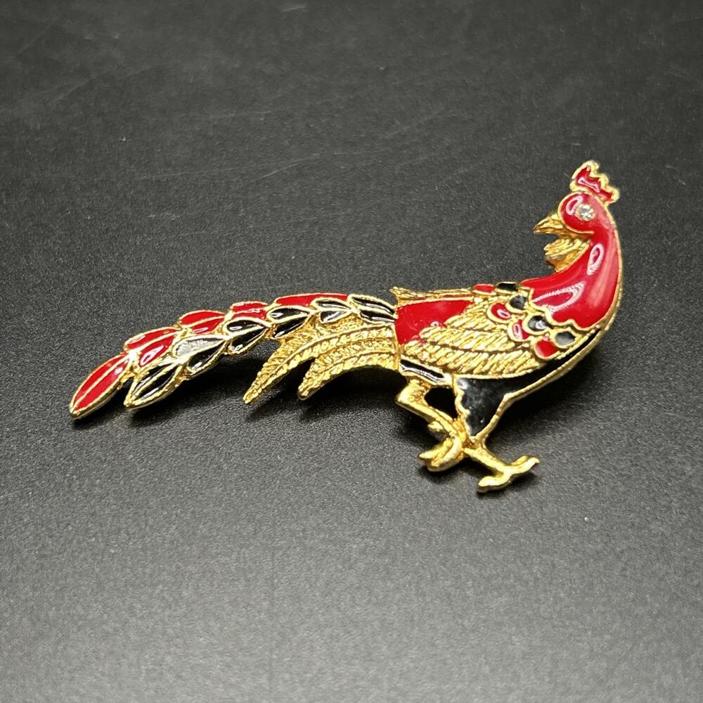 Bird Pheasant Brooch 2 1/4” Red Black Enamel Vintage Gold Tone Scatter Pin